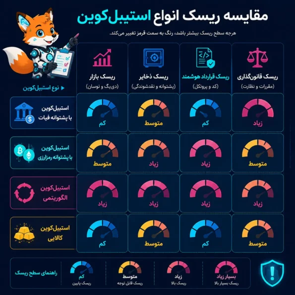 ماتریس با محور «ریسک بازار، ریسک ذخایر، ریسک قرارداد هوشمند، ریسک قانونگذاری» برای انواع استیبلکوین