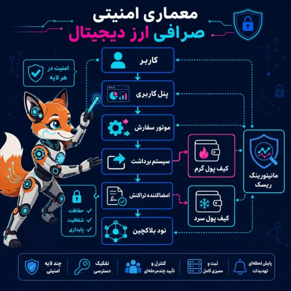 تصویر شاخص مقاله:
هک صرافی ارز دیجیتال با نمایش روباه سایبری ایرانبلاکچین، کیف پولها، جریان تراکنش و زیرساخت بلاکچین در برابر حمله امنیتی