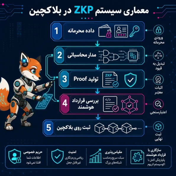 نقشه معماری سیستم Zero Knowledge Proof در بلاکچین با نمایش لایههای داده محرمانه، مدار محاسباتی، تولید Proof، بررسی قرارداد هوشمند و ثبت نهایی روی بلاکچین.