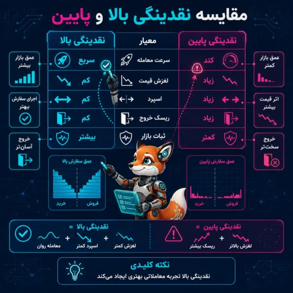 جدول مقایسه‌ای نقدینگی بالا و نقدینگی پایین بر اساس سرعت معامله، لغزش قیمت، اسپرد، ریسک خروج و ثبات بازار