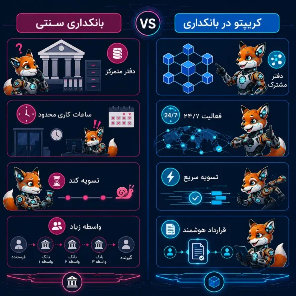 مقایسه بانکداری سنتی و کریپتو در بانکداری با نمایش دفتر متمرکز، ساعات کاری محدود، تسویه کند، واسطه زیاد در برابر دفتر مشترک، فعالیت ۲۴/۷، تسویه سریع و قرارداد هوشمند