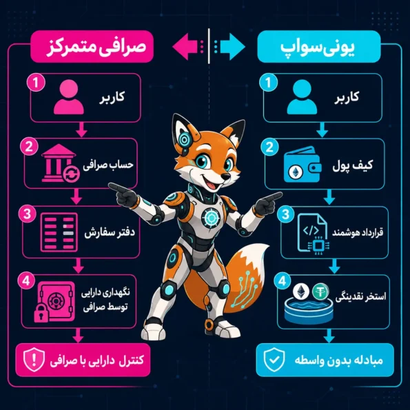 اینفوگرافیک مقایسه یونیسواپ و صرافی متمرکز؛ نمایش تفاوت در نگهداری دارایی، مدل قیمتگذاری، نیاز به حساب، شفافیت و ریسک اصلی با راهنمایی روباه سایبری IRBLC.