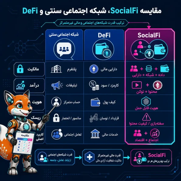 SocialFi چیست؛ تصویر مقایسهای میان SocialFi، شبکه اجتماعی سنتی و DeFi بر اساس مالکیت، درآمد، هویت، ریسک و کاربرد اصلی