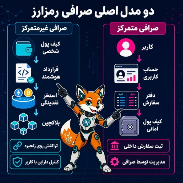اینفوگرافیک آموزشی مقایسه DEX و CEX در جریان معامله رمزارز که مراحل اتصال کیف پول، انتخاب توکن، بررسی قیمت، امضای تراکنش، اجرای قرارداد هوشمند و ثبت روی بلاکچین را با تمرکز بر تفاوت ساختار صرافی غیرمتمرکز (DEX) و صرافی متمرکز (CEX) نمایش میدهد.