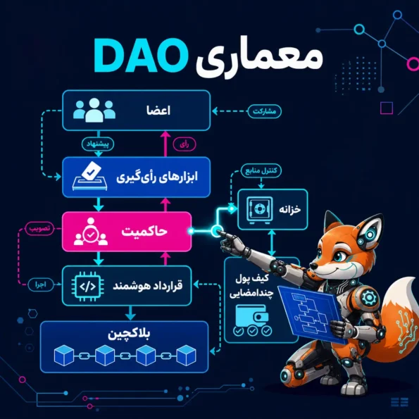 DAO چیست؛ نقشه معماری DAO شامل بلاکچین، قرارداد هوشمند، حاکمیت، ابزارهای رأی‌گیری، خزانه و کیف پول چندامضایی