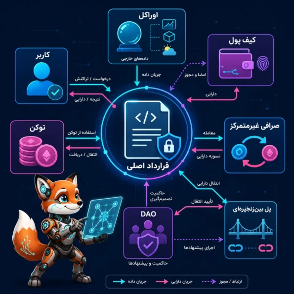 نقشه معماری امنیت smart contract hacking که قرارداد اصلی را در مرکز نشان می‌دهد و آن را به اوراکل، کیف پول، صرافی غیرمتمرکز، توکن، DAO، پل بین‌زنجیره‌ای و کاربر متصل می‌کند.
