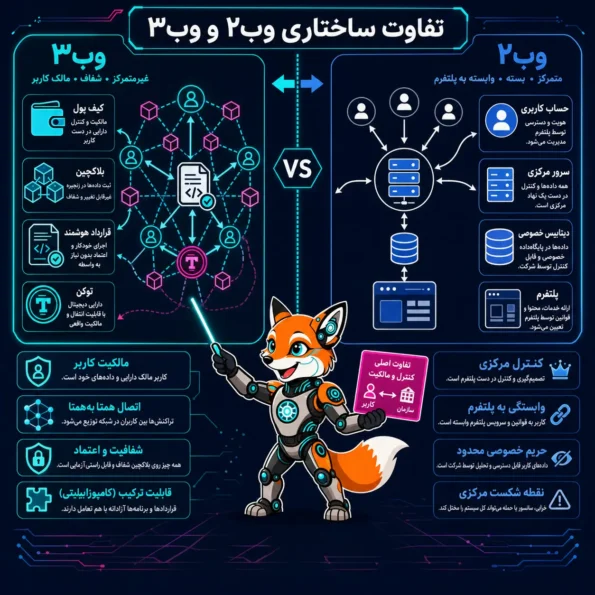 نمودار تفاوت ساختاری وب۲ و وب۳ با مقایسه سرور مرکزی، حساب کاربری، کیف پول، بلاکچین و قرارداد هوشمند در معماری وب۳