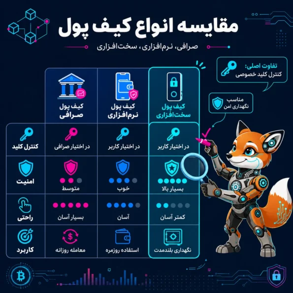 جدول مقایسه کیف پول سخت‌افزاری با کیف پول نرم‌افزاری و کیف پول صرافی از نظر امنیت، کنترل کلید، راحتی و کاربرد
