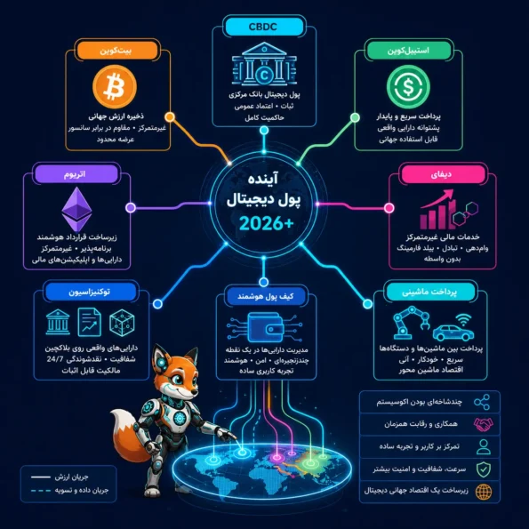 نقشه آینده پول دیجیتال در ۲۰۲۶ با نمایش مسیر تکامل CBDC، استیبل‌کوین، بیت‌کوین، اتریوم، دیفای، توکنیزاسیون و کیف پول هوشمند