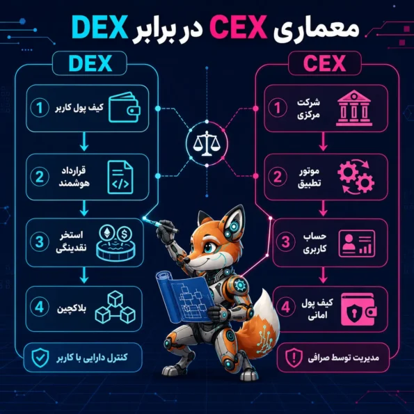 اینفوگرافیک آموزشی معماری CEX در برابر DEX که ساختار صرافی متمرکز و غیرمتمرکز را با اجزایی مانند شرکت مرکزی، موتور تطبیق، حساب کاربری، کیف پول امانی، کیف پول کاربر، قرارداد هوشمند، استخر نقدینگی و بلاکچین نشان میدهد.