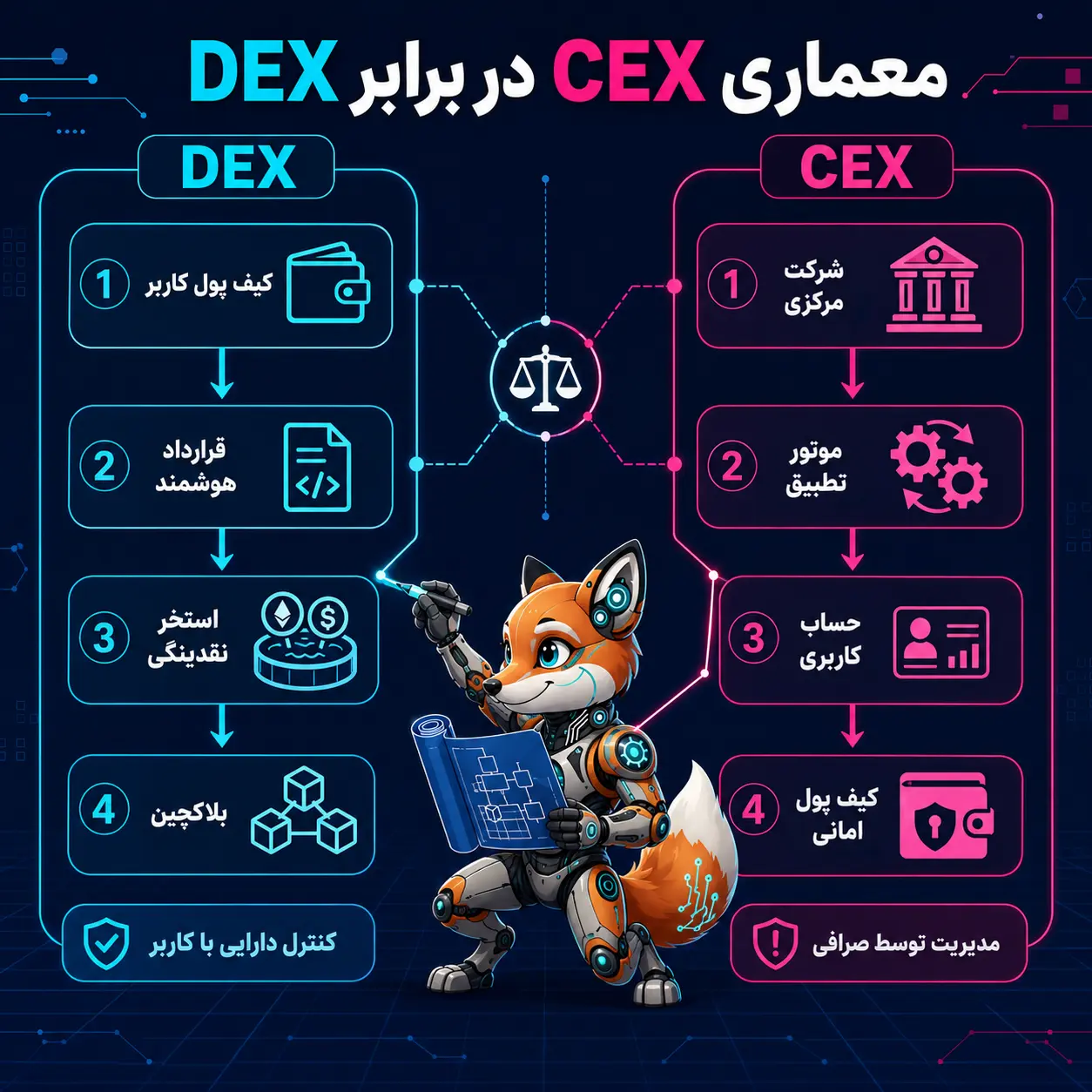 اینفوگرافیک آموزشی معماری CEX در برابر DEX که ساختار صرافی متمرکز و غیرمتمرکز را با اجزایی مانند شرکت مرکزی، موتور تطبیق، حساب کاربری، کیف پول امانی، کیف پول کاربر، قرارداد هوشمند، استخر نقدینگی و بلاکچین نشان میدهد.