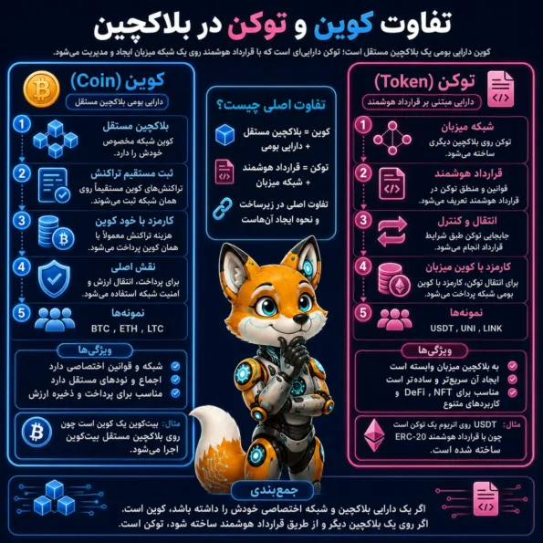 تفاوت كوين وتوكن در بلاكجين - كوين در بلاكجين مستقل و توكن در قرارداد هوشمند
