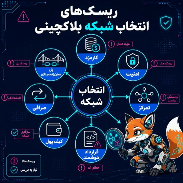 اینفوگرافیک شبکه‌های بلاکچینی با موضوع ریسک‌های انتخاب شبکه بلاکچینی؛ نمایش عوامل کارمزد، امنیت، تمرکز، قرارداد هوشمند، کیف پول، صرافی و پل میان‌زنجیره‌ای.