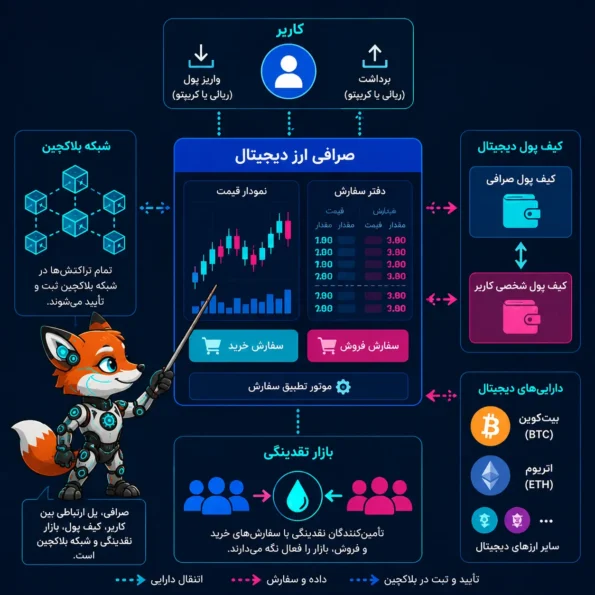 نمایش نقش cryptocurrency exchange در اتصال کاربر، کیف پول دیجیتال، شبکه بلاکچین، بازار نقدینگی و داراییهایی مانند Bitcoin و Ethereum