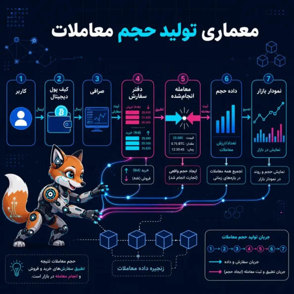 نقشه معماری Trading Volume از کاربر، کیف پول دیجیتال، صرافی، دفتر سفارش، معامله انجامشده، داده حجم و نمودار بازار