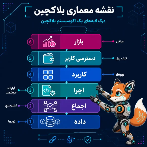 اینفوگرافیک جریان تراکنش در اکوسیستم بلاکچین از کاربر و کیف پول تا امضا، ارسال به نود، ورود به بلاک و تأیید نهایی