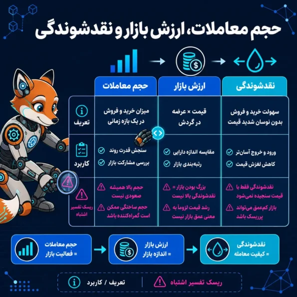 جدول مقایسهای Trading Volume، ارزش بازار و نقدشوندگی با نمایش تعریف، کاربرد و ریسک تفسیر اشتباه