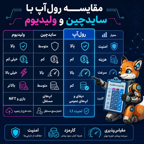 مقایسه رولآپها با سایدچین و ولیدیوم از نظر امنیت، هزینه، سرعت، ریسک داده و کاربرد در بلاکچین