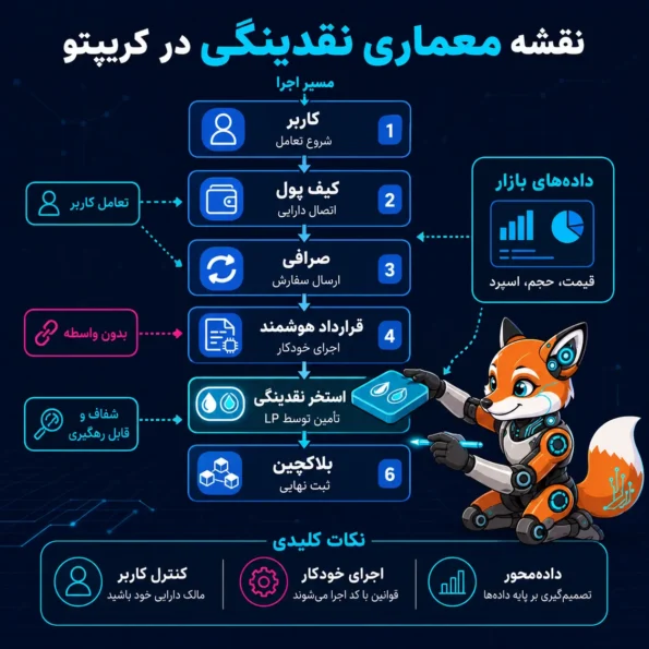 نقشه معماری نقدینگی در کریپتو با نمایش لایه‌های کاربر، کیف پول، صرافی، قرارداد هوشمند، استخر نقدینگی، بلاکچین و داده‌های بازار