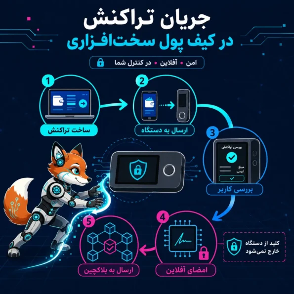 فلوچارت جریان تراکنش در کیف پول سخت‌افزاری از ساخت تراکنش تا ارسال به بلاکچین