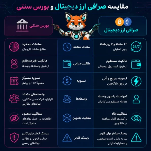 مقایسه صرافی ارز دیجیتال cryptocurrency exchange و بورس سنتی از نظر ساعات معامله، مالکیت دارایی، تسویه، واسطه‌ها، شفافیت بلاکچین و ریسک کاربر