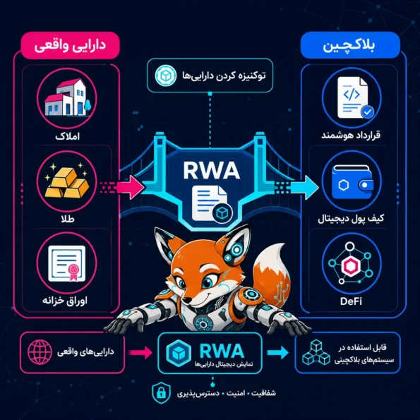 اینفوگرافیک آموزشی RWA که تبدیل داراییهای واقعی مانند املاک، طلا و اوراق خزانه به توکنهای بلاکچینی را نمایش میدهد.