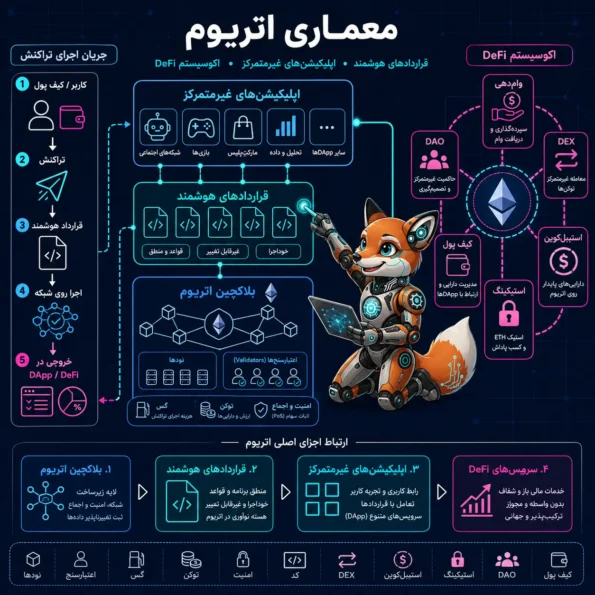 معماری اتریوم شامل قراردادهای هوشمند، اپلیکیشن‌های غیرمتمرکز و اکوسیستم DeFi
 تفاوت بیت کوین و اتریوم