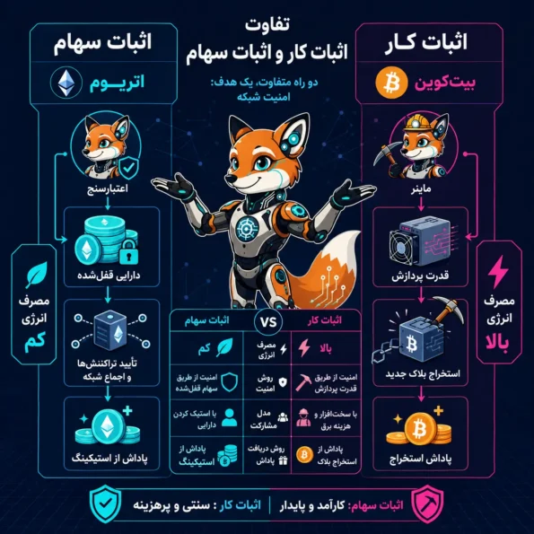 استیکینگ و اثبات کار؛ مقایسه تصویری اعتبارسنجی Ethereum با استخراج Bitcoin و تفاوت مصرف انرژی و امنیت شبکه