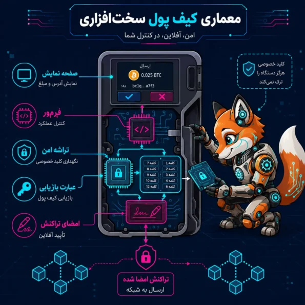 نقشه معماری کیف پول سخت‌افزاری شامل تراشه امن، فِرم‌وِر، عبارت بازیابی، صفحه نمایش و امضای تراکنش