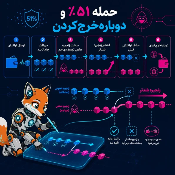 حمله 51 درصد و دوباره خرج کردن؛ فلوچارت ارسال تراکنش، ساخت زنجیره مخفی، انتشار زنجیره بلندتر و حذف تراکنش قبلی