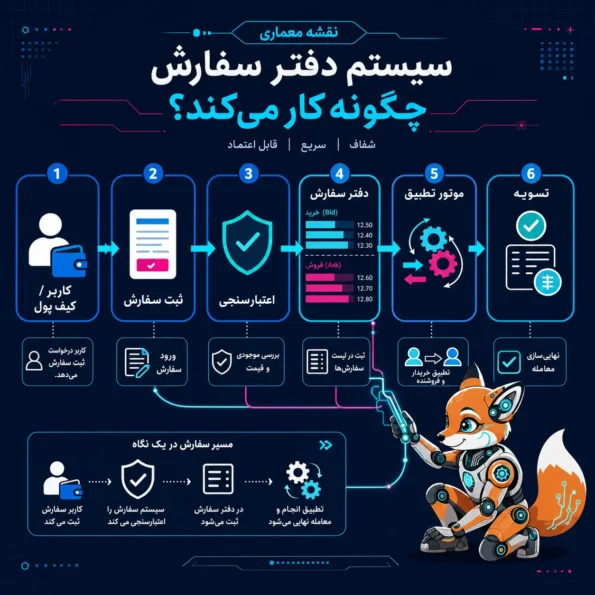 نقشه معماری دفتر سفارش شامل مسیر کاربر و کیف پول، ثبت سفارش، اعتبارسنجی، دفتر سفارش، موتور تطبیق معاملات و فرآیند تسویه در صرافی ارز دیجیتال