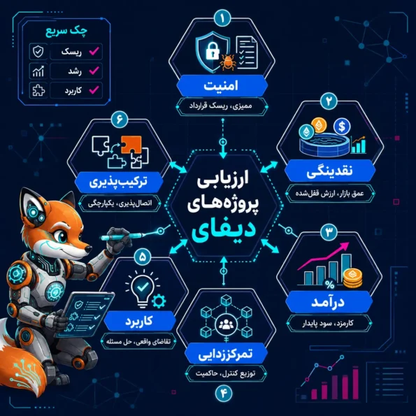 ۱. اینفوگرافیک ارزیابی پروژه‌های دیفای بر اساس امنیت، نقدینگی، درآمد، تمرکززدایی، کاربرد و ترکیب‌پذیری با راهنمایی فاکس سایبری ایران‌ بلاکچین