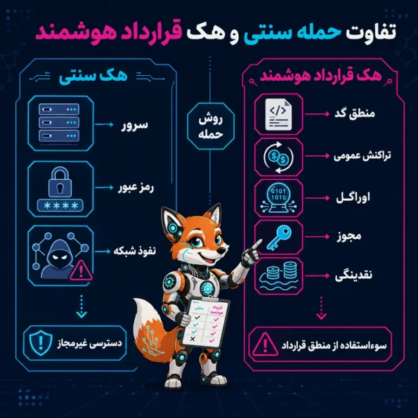 اینفوگرافیک مقایسه‌ای smart contract hacking که تفاوت هک سنتی سرور، رمز عبور و نفوذ شبکه را با هک قرارداد هوشمند از طریق منطق کد، تراکنش عمومی، اوراکل، مجوز و نقدینگی نشان می‌دهد.