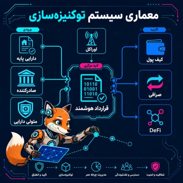 Tokenization چیست؛ نقشه معماری سیستم توکنیزهسازی شامل دارایی پایه، صادرکننده، قرارداد هوشمند، اوراکل، متولی دارایی، کیف پول، صرافی و DeFi