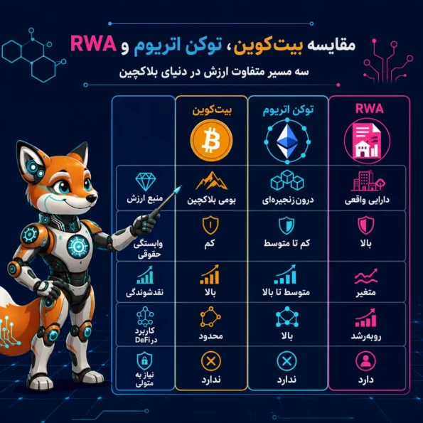جدول مقایسه تصویری RWA، بیتکوین و توکن اتریوم از نظر منبع ارزش، وابستگی حقوقی، نقدشوندگی، کاربرد در DeFi و نیاز به متولی.