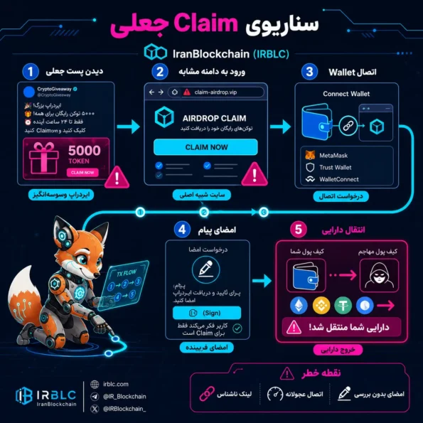 فلوچارت مسیر حمله فیشینگ کریپتو شامل پیام جعلی، سایت یا dApp تقلبی، اتصال کیف پول، امضای پیام و تخلیه دارایی به صورت مرحلهای
