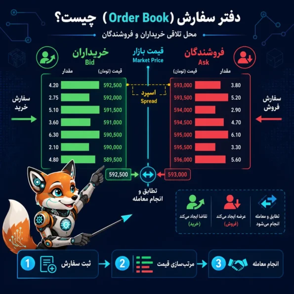 اینفوگرافیک مقایسه دفتر سفارش و AMM در بازار ارز دیجیتال با نمایش تفاوت کشف قیمت، نقدینگی، سرعت معاملات، کاربرد در DeFi و ریسک Slippage