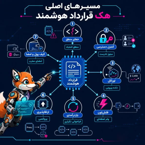 اینفوگرافیک smart contract hacking درباره مسیرهای اصلی هک قرارداد هوشمند، شامل خطای منطق، کنترل دسترسی، اوراکل، فلش‌لون، بازدرآمدی، ارتقاپذیری و حملات کیف پول و امضا.