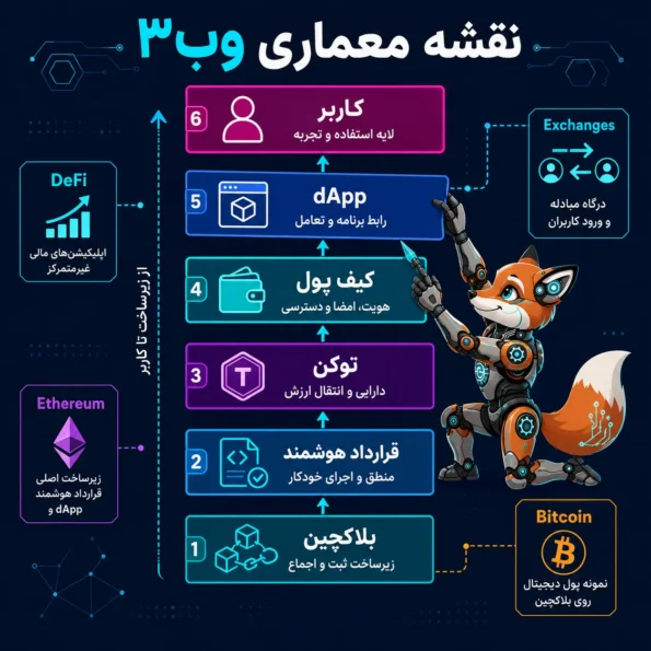 نقشه معماری وب۳ با لایه‌های بلاکچین، قرارداد هوشمند، توکن، کیف پول، dApp و کاربر در کنار Bitcoin، Ethereum، DeFi و Exchanges