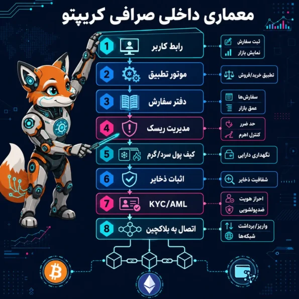 فلوچارت مسیر امن انتخاب صرافی کریپتو شامل بررسی مجوز، نقدینگی، تست واریز، تست برداشت و انتقال به کیف پول شخصی