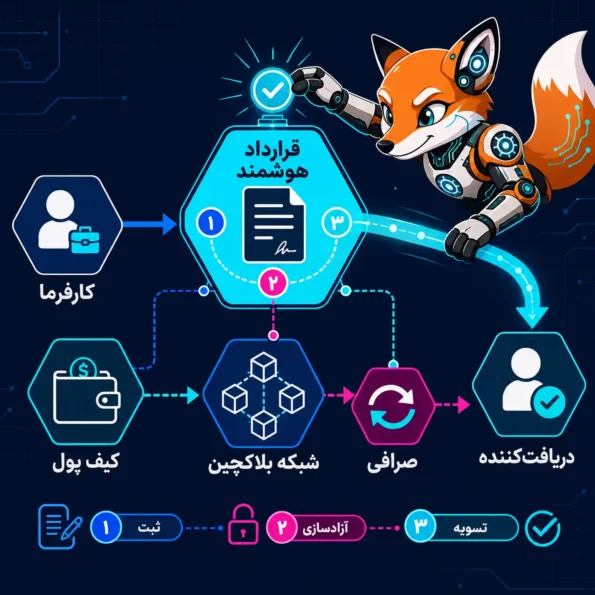 فلوچارت تراکنش پول دیجیتال برای نمایش پرداخت مرحله‌ای از کارفرما تا قرارداد هوشمند، کیف پول، بلاکچین، صرافی و دریافت‌کننده