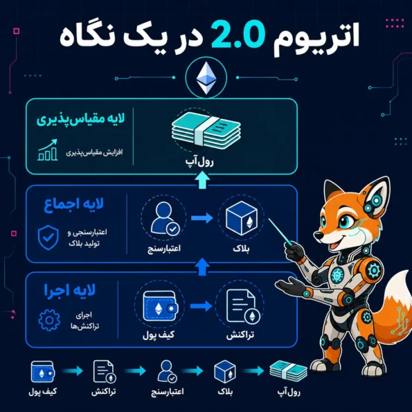 اتریوم 2.0 در یک نگاه؛ اینفوگرافیک فارسی با سه لایه اجرا، اجماع و مقیاس‌پذیری، مسیر کیف پول تا رول‌آپ و روباه سایبری ایران بلاکچین