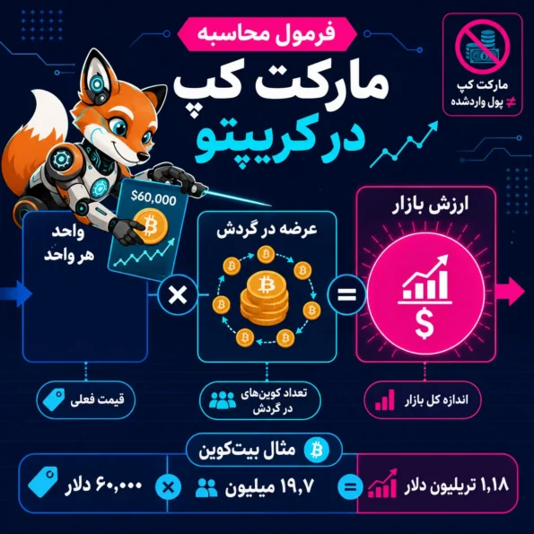 نمودار فرمول MarketCap در کریپتو با نمایش رابطه قیمت هر واحد، عرضه در گردش و ارزش بازار بیت‌کوین