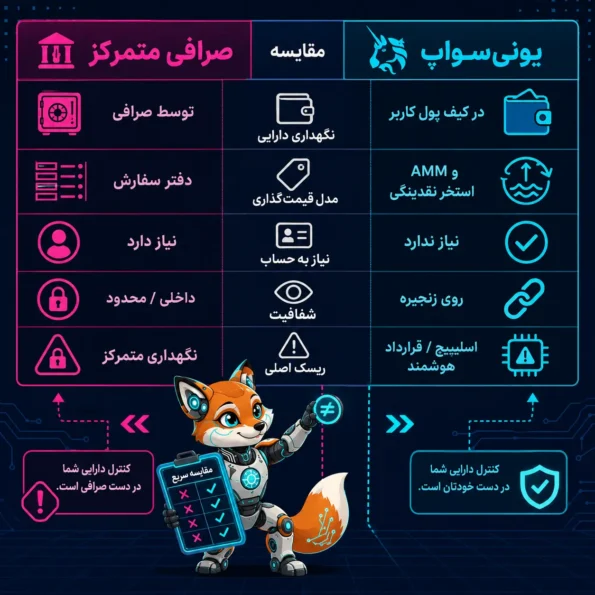 اینفوگرافیک یونیسواپ؛ جدول مقایسه تصویری یونیسواپ و صرافی متمرکز با نمایش تفاوتها در نگهداری دارایی، مدل قیمتگذاری، نیاز به حساب، شفافیت و ریسک اصلی.