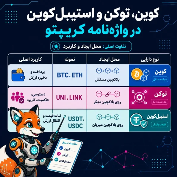 جدول مقایسهای واژهنامه کریپتو برای تفاوت کوین، توکن و استیبلکوین از نظر نوع دارایی، محل ایجاد، نمونه و کاربرد اصلی