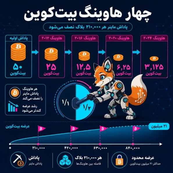 اینفوگرافیک چهار هاوینگ بیت کوین در سال‌های ۲۰۱۲، ۲۰۱۶، ۲۰۲۰ و ۲۰۲۴ و کاهش مرحله‌ای پاداش استخراج