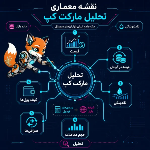 نقشه معماری تحلیل MarketCap با اجزای قیمت، عرضه در گردش، نقدینگی، حجم معاملات، صرافی‌ها و کیف پول‌ها