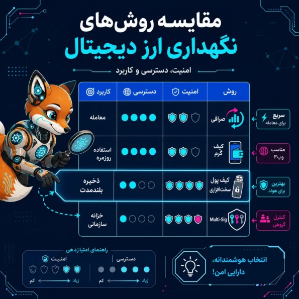 تحلیل و مقایسه امنیت نگهداری ارز دیجیتال شامل سطح امنیت، دسترسی و کاربرد روش‌های مختلف مانند کیف پول سخت‌افزاری، کیف پول گرم و صرافی در اینفوگرافیک تخصصی