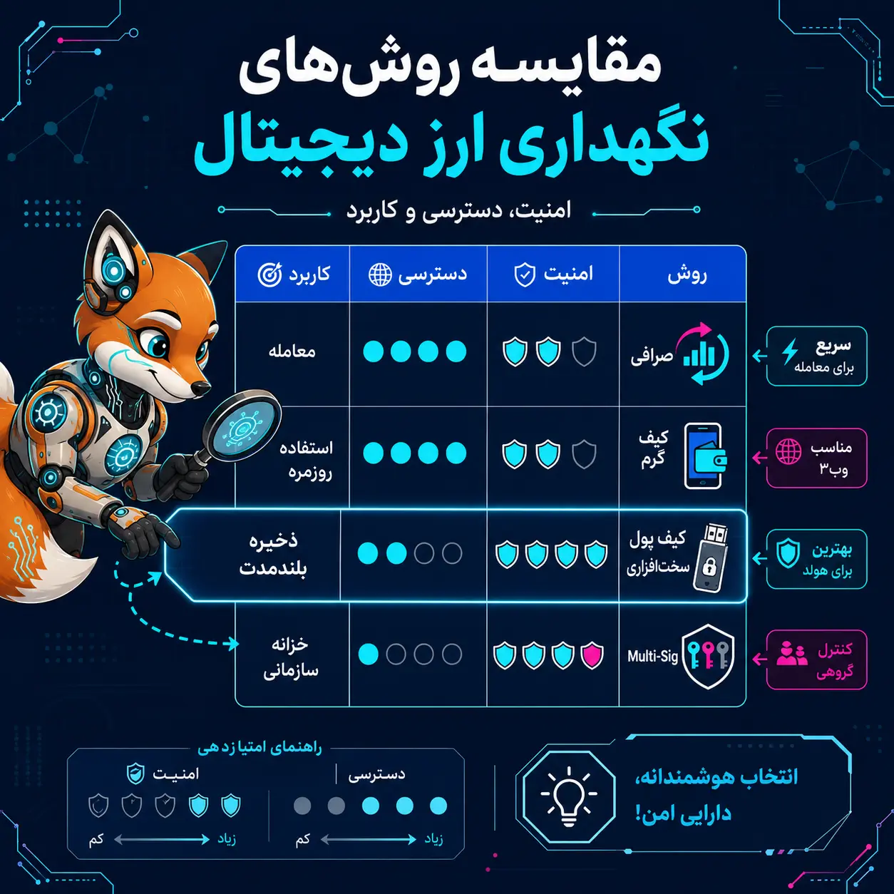 تحلیل و مقایسه امنیت نگهداری ارز دیجیتال شامل سطح امنیت، دسترسی و کاربرد روشهای مختلف مانند کیف پول سختافزاری، کیف پول گرم و صرافی در اینفوگرافیک تخصصی