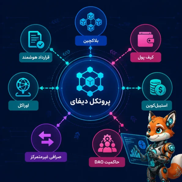 مرکز تصویر «پروتکل دیفای» باشد و اطراف آن «بلاکچین»، «قرارداد هوشمند»، «کیف پول»، «اوراکل»، «استیبل‌کوین»، «صرافی غیرمتمرکز»، «حاکمیت DAO» قرار گیرد